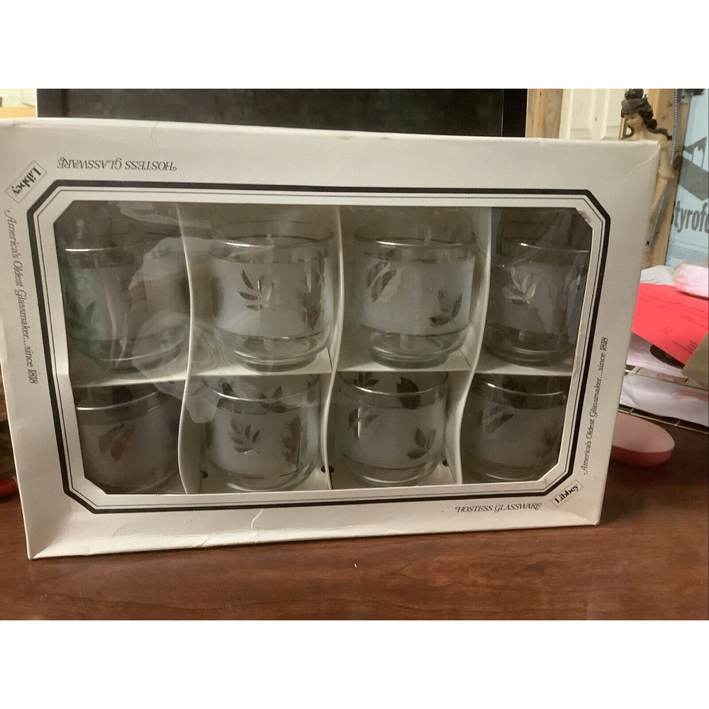 Libbey Hostess Glassware Frosted Silver Foliage Old Fashion Glasses 9.5oSet of 8